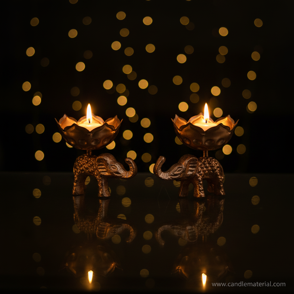 Elephant lotus bud diya holders with lit candles, dark moody background with bokeh