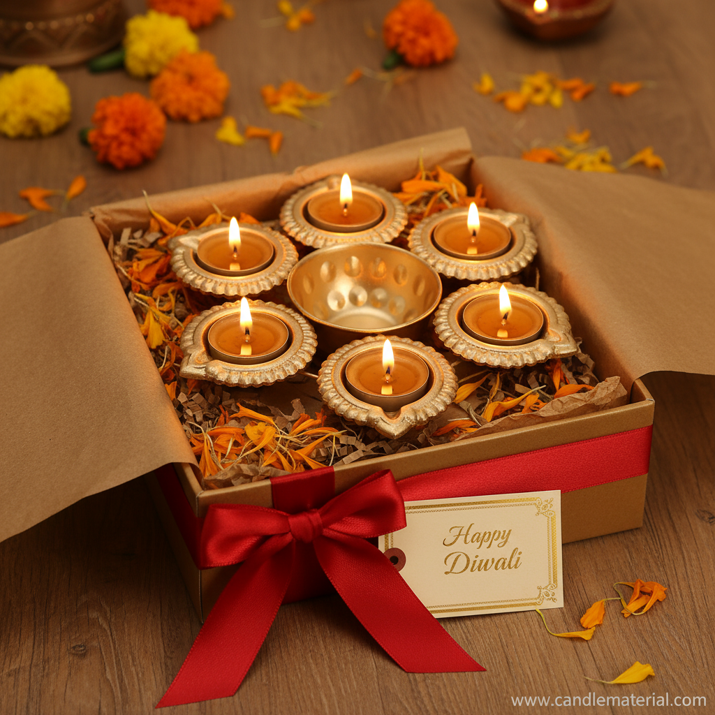 Gold 6-diya urli in luxury Diwali gift box with gold tissue and red ribbon