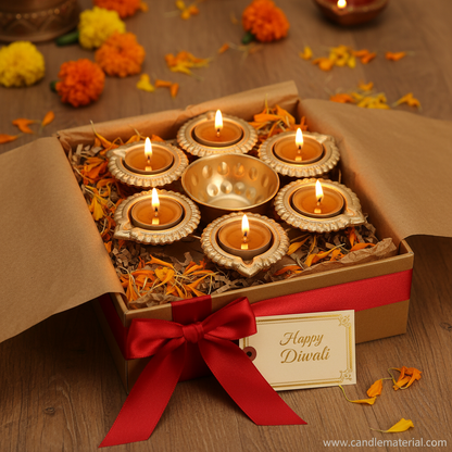 Gold 6-diya urli in luxury Diwali gift box with gold tissue and red ribbon