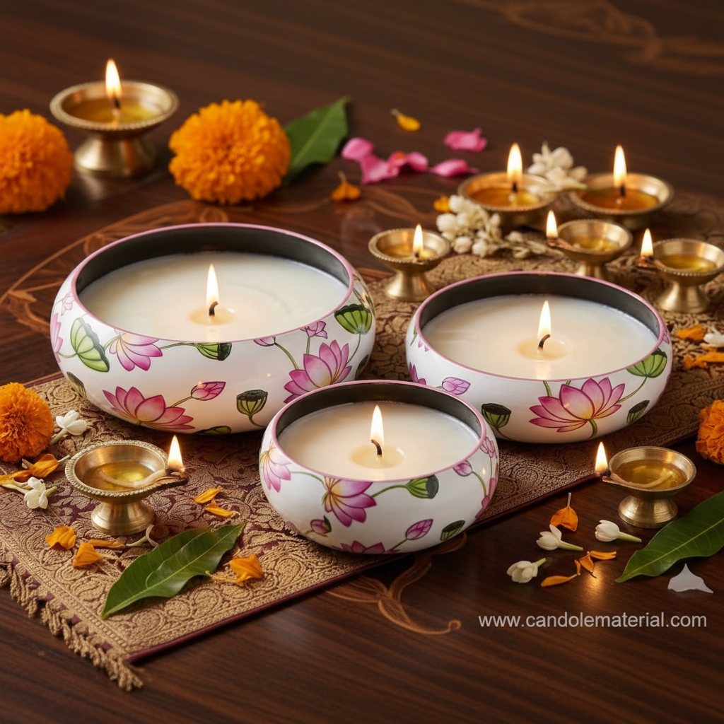 Pink lotus candle bowls in festive Diwali setup with marigolds and brass diyas