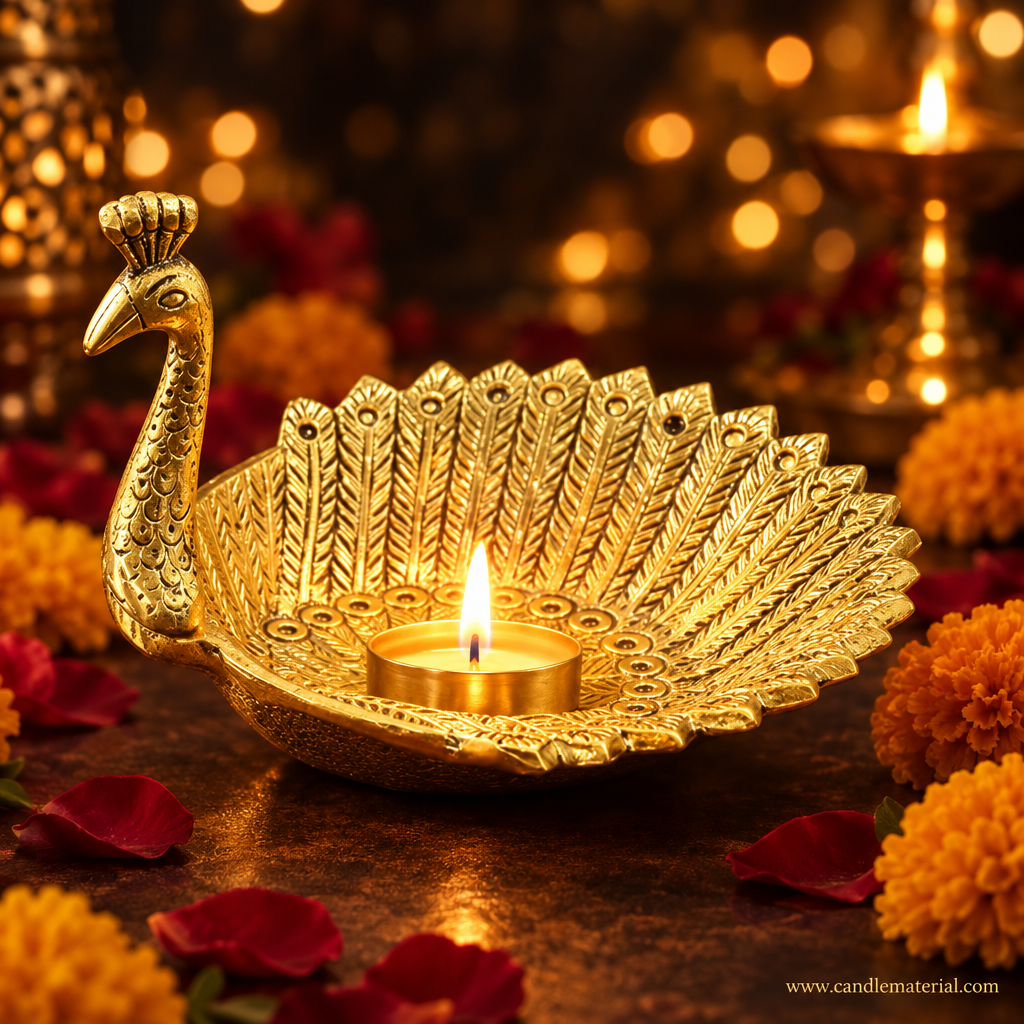 Gold peacock tray with lit tealight candle, dark moody background with golden bokeh