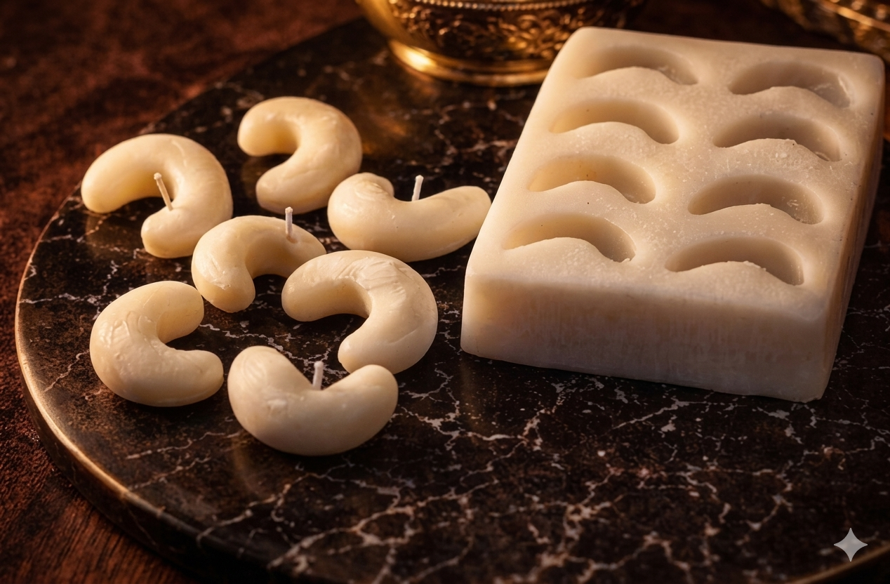 Kaju Cashew Candle Silicone Mold by Bloom Creations – 6-cavity white mold with finished ivory cashew-shaped candles on marble plate