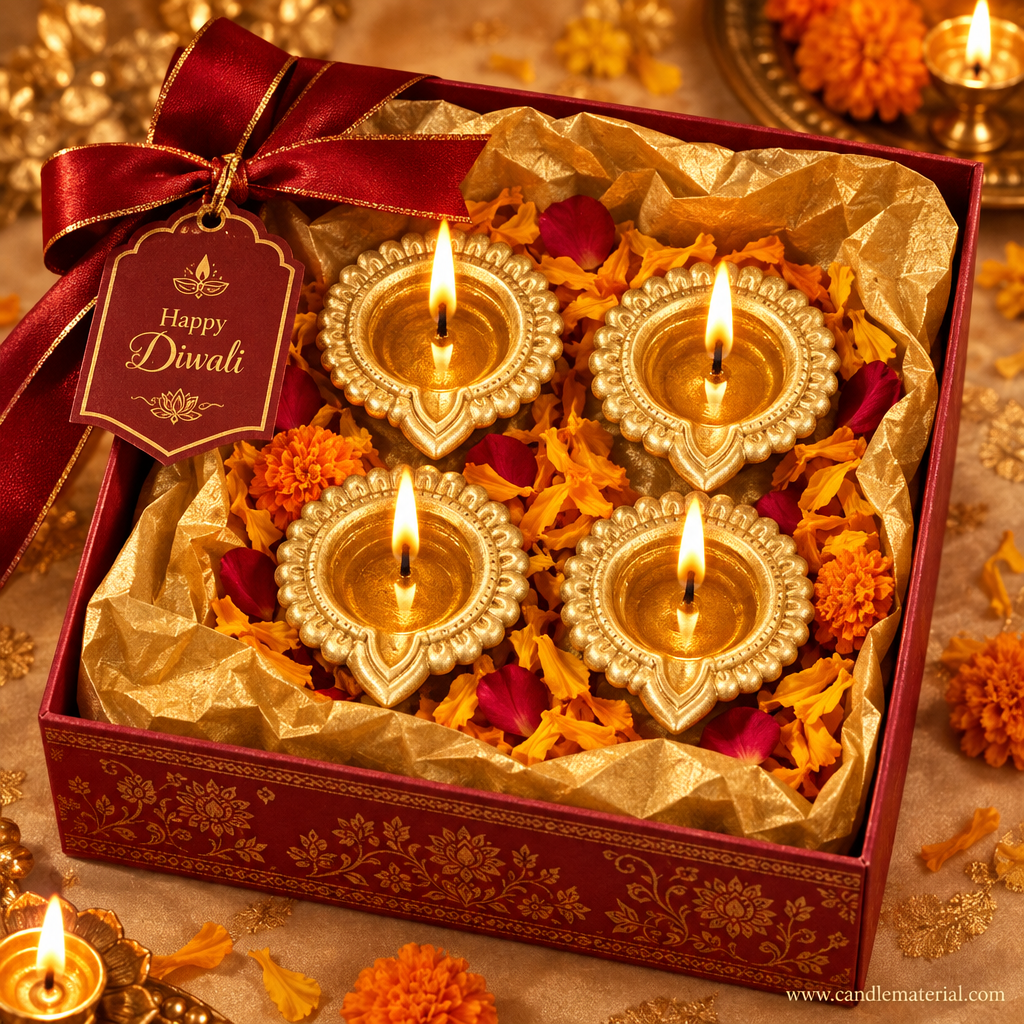 Set of gold kuber diyas in luxury Diwali gift box with gold tissue and red ribbon