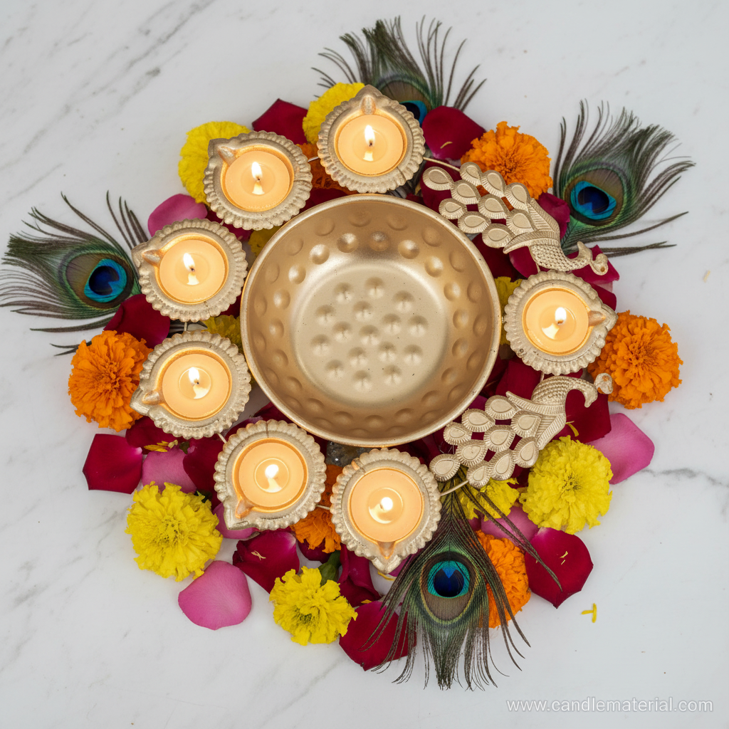 Gold peacock diya urli with 7 lit diyas on marble surface with marigold flowers and peacock feathers