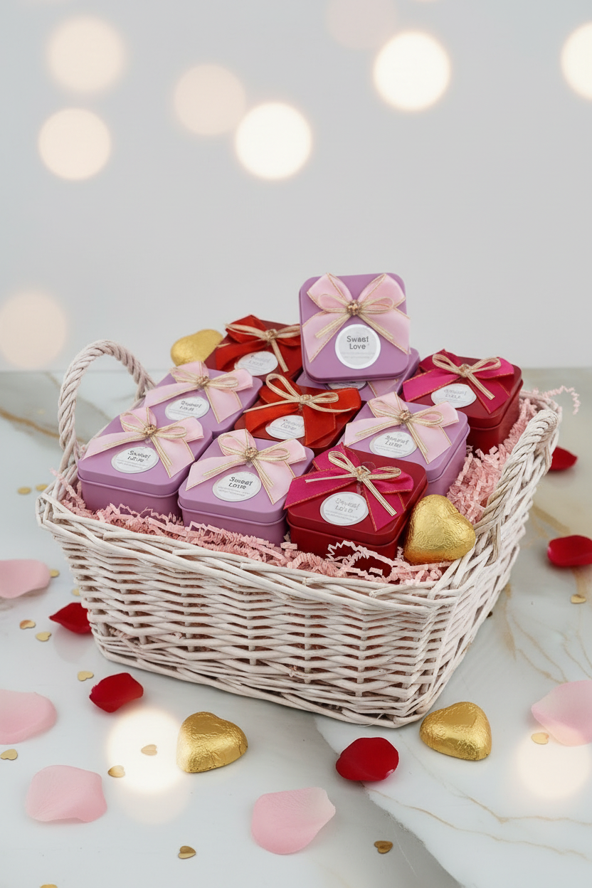 Sweet Love ribbon bow candle tins in decorative gift hamper with rose petals and chocolates