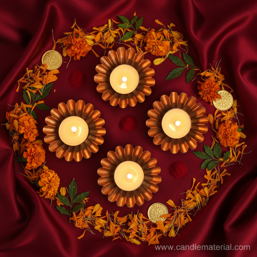 Flat lay of scalloped diya bowls with puja styling and gold coins