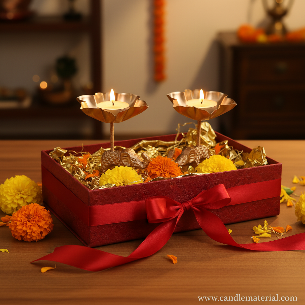 Elephant tall stem lotus diya holders in luxury gift box with red ribbon