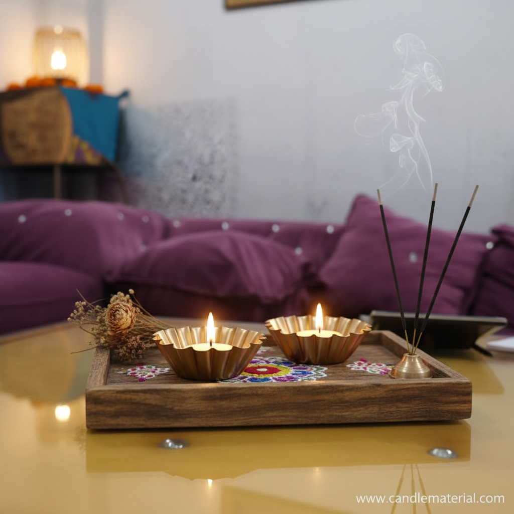 Scalloped diya bowls in home interior with rangoli and incense