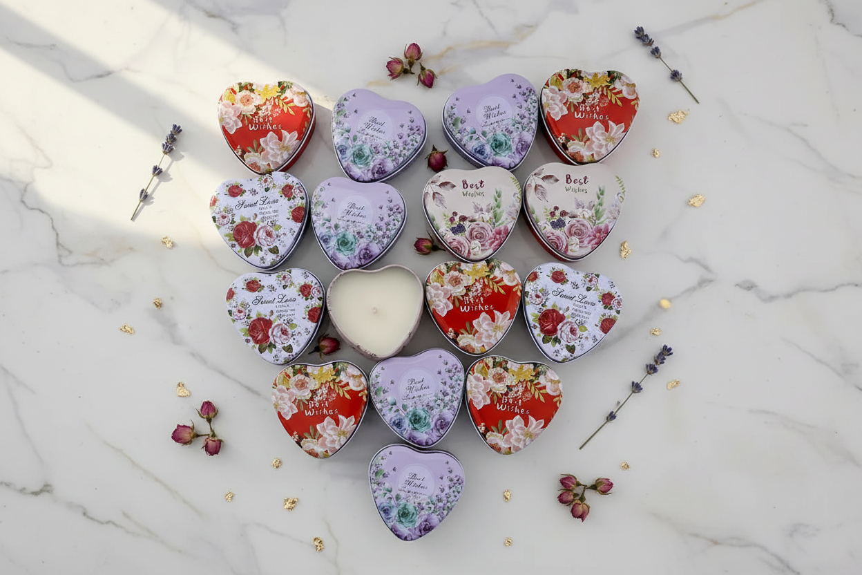 Best Wishes Sweet Love heart candle tins gift set with roses and dried lavender