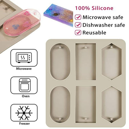 6-Cavity Mixed Shape Wax Sachet Silicone Mould – Oval, Rectangle & Hexagon Tag with Hanging Hole