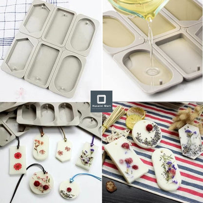 6-Cavity Mixed Shape Wax Sachet Silicone Mould – Oval, Rectangle & Hexagon Tag with Hanging Hole