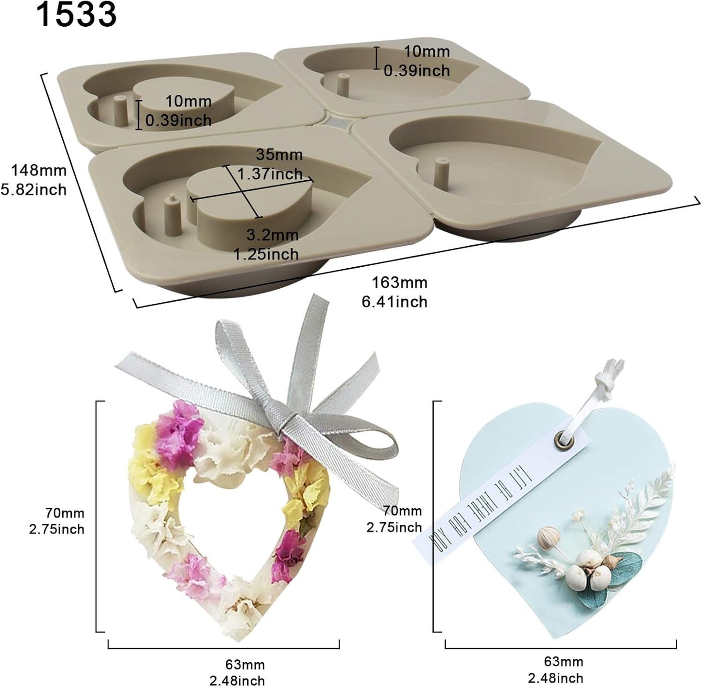 4-Cavity Heart Silicone Mould – Solid & Hollow Heart Wax Sachet Mould with Hanging Hole