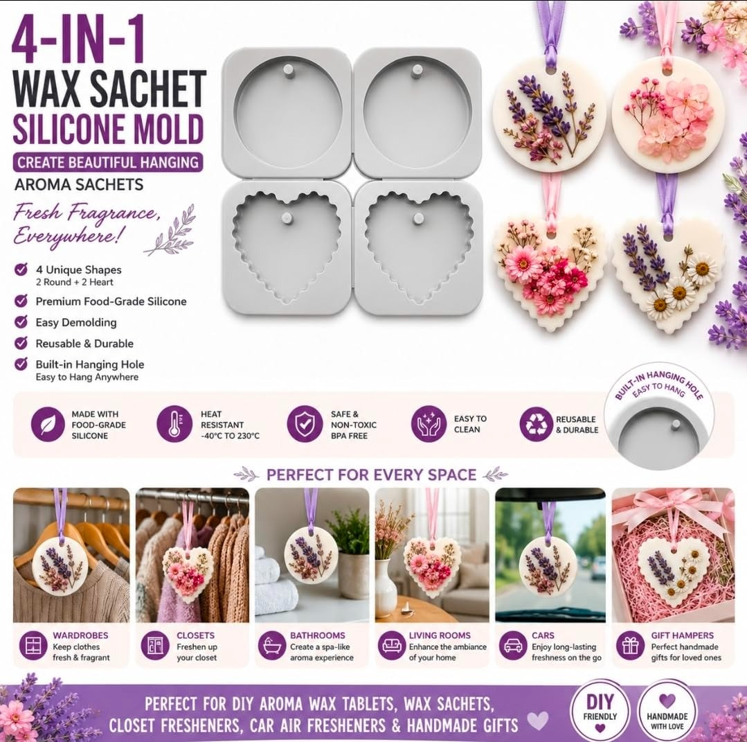 4-in-1 Wax Sachet Silicone Mould – Round & Scalloped Heart (2+2 Cavity)