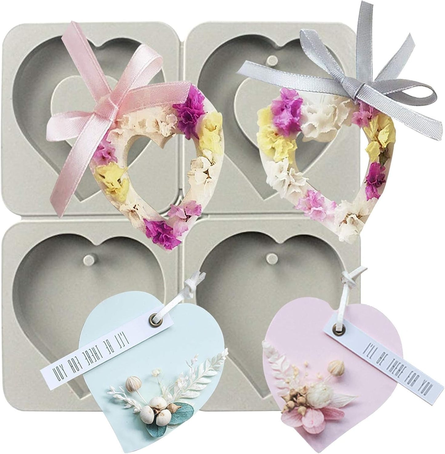 4-Cavity Heart Silicone Mould – Solid & Hollow Heart Wax Sachet Mould with Hanging Hole