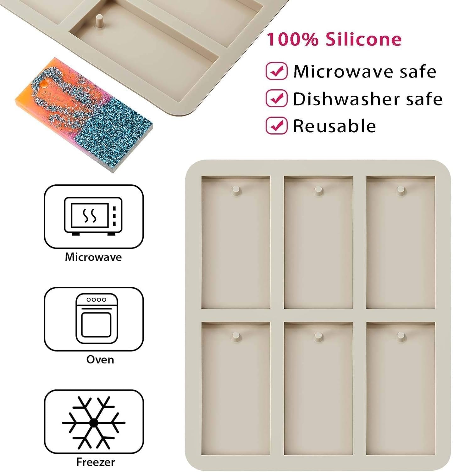 6-Cavity Rectangle Wax Tablet Silicone Mould – Hanging Tag Mould for Wax Sachets & Resin