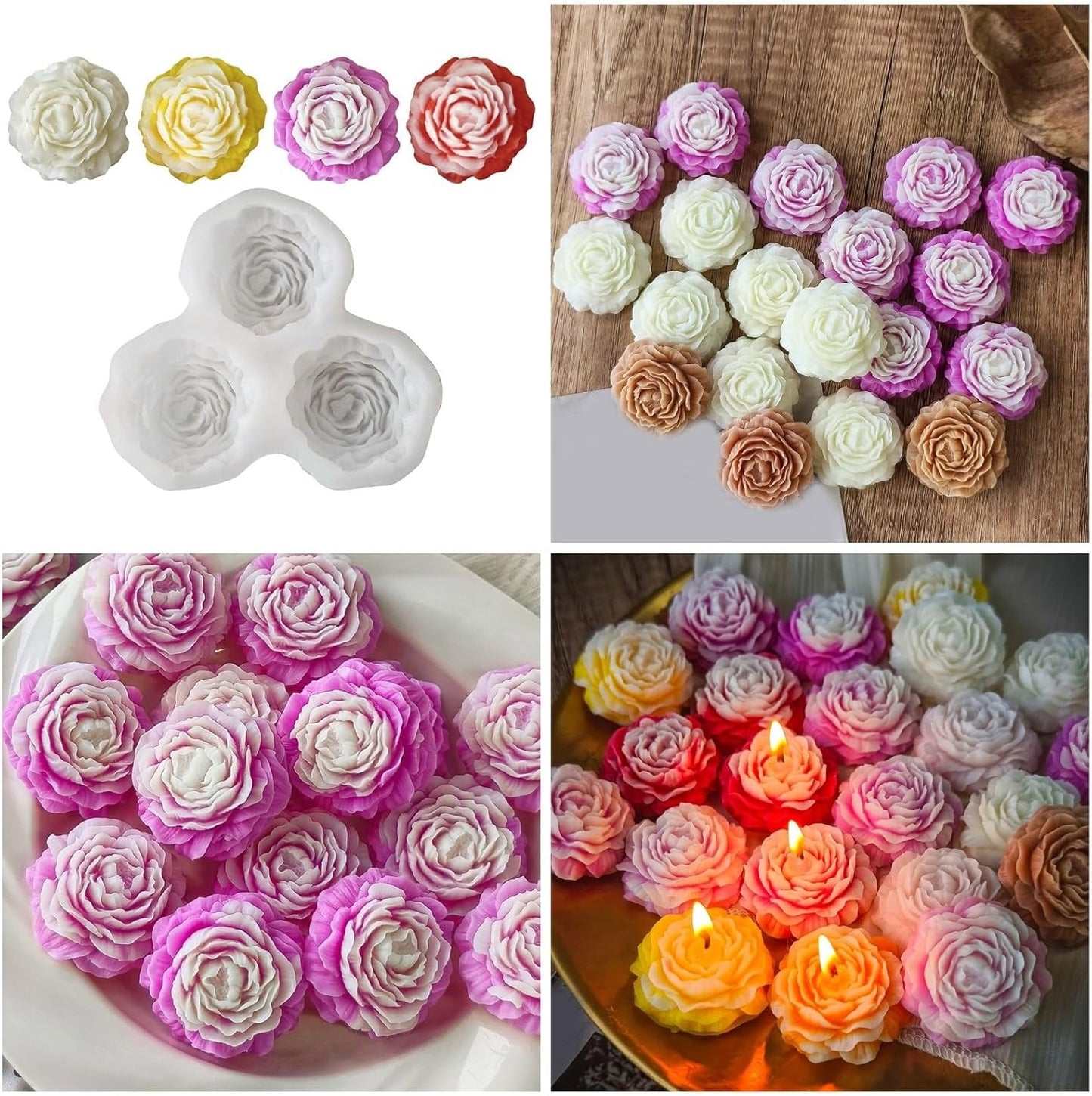Peony Rose Silicone Candle Mould – 3-Cavity