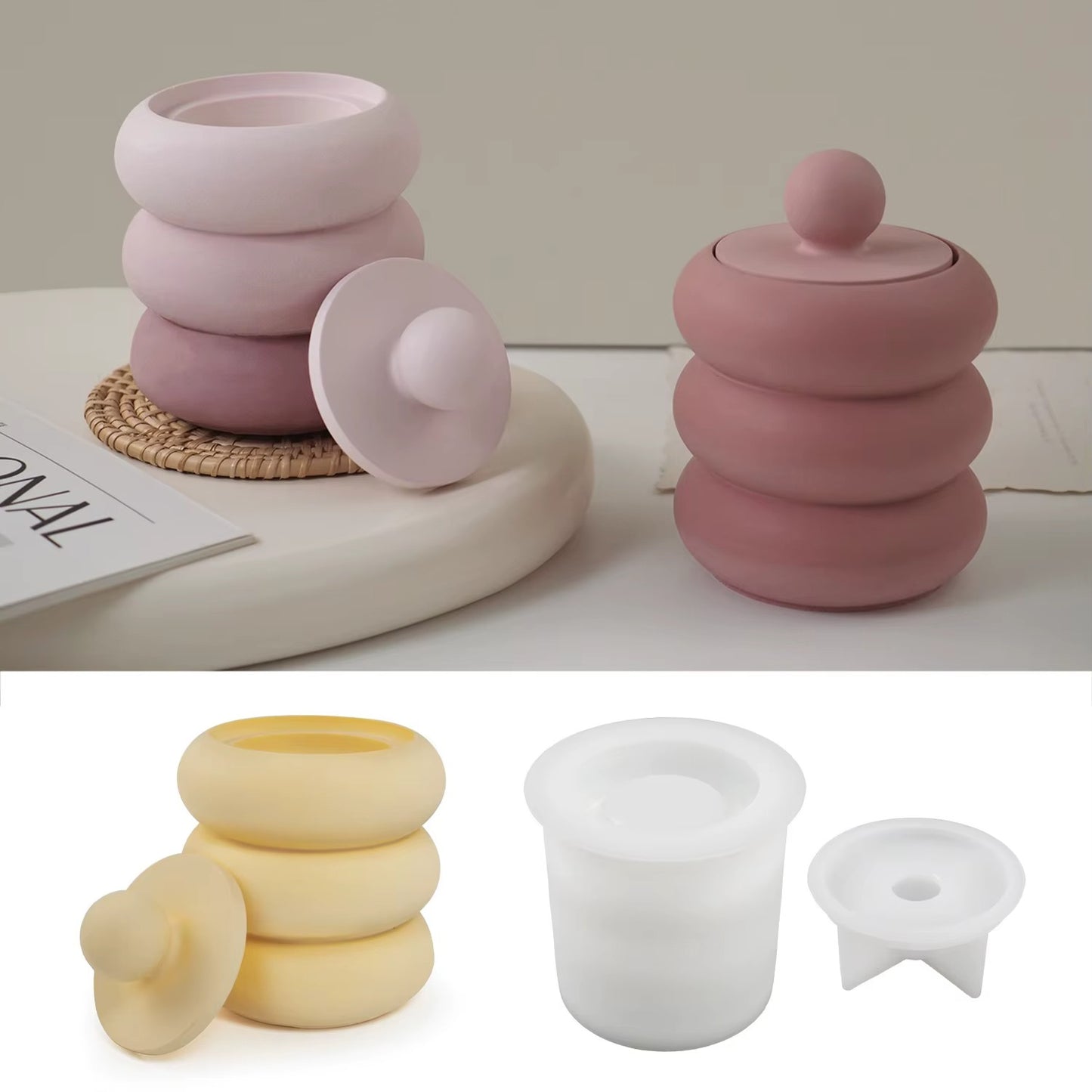 Stacked Rings Candle Jar Silicone Mould with Lid