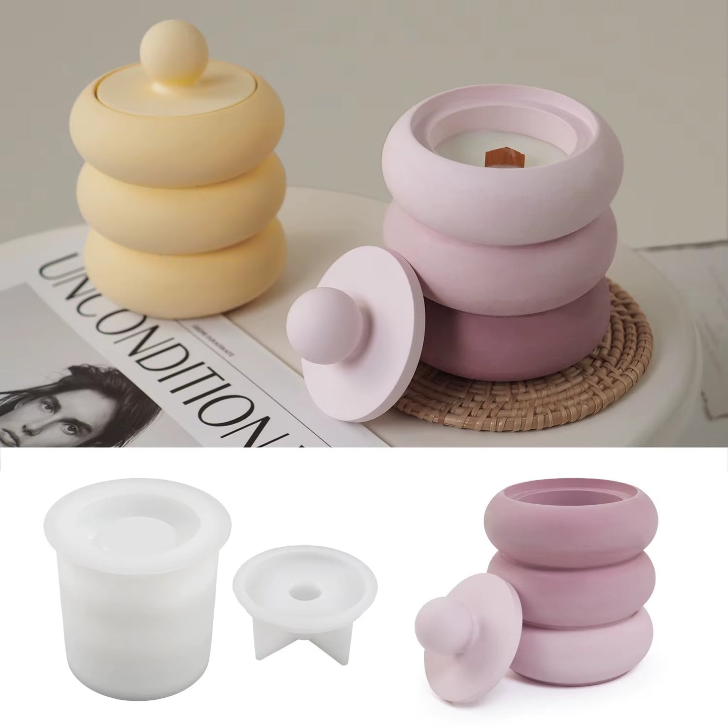 Stacked Rings Candle Jar Silicone Mould with Lid