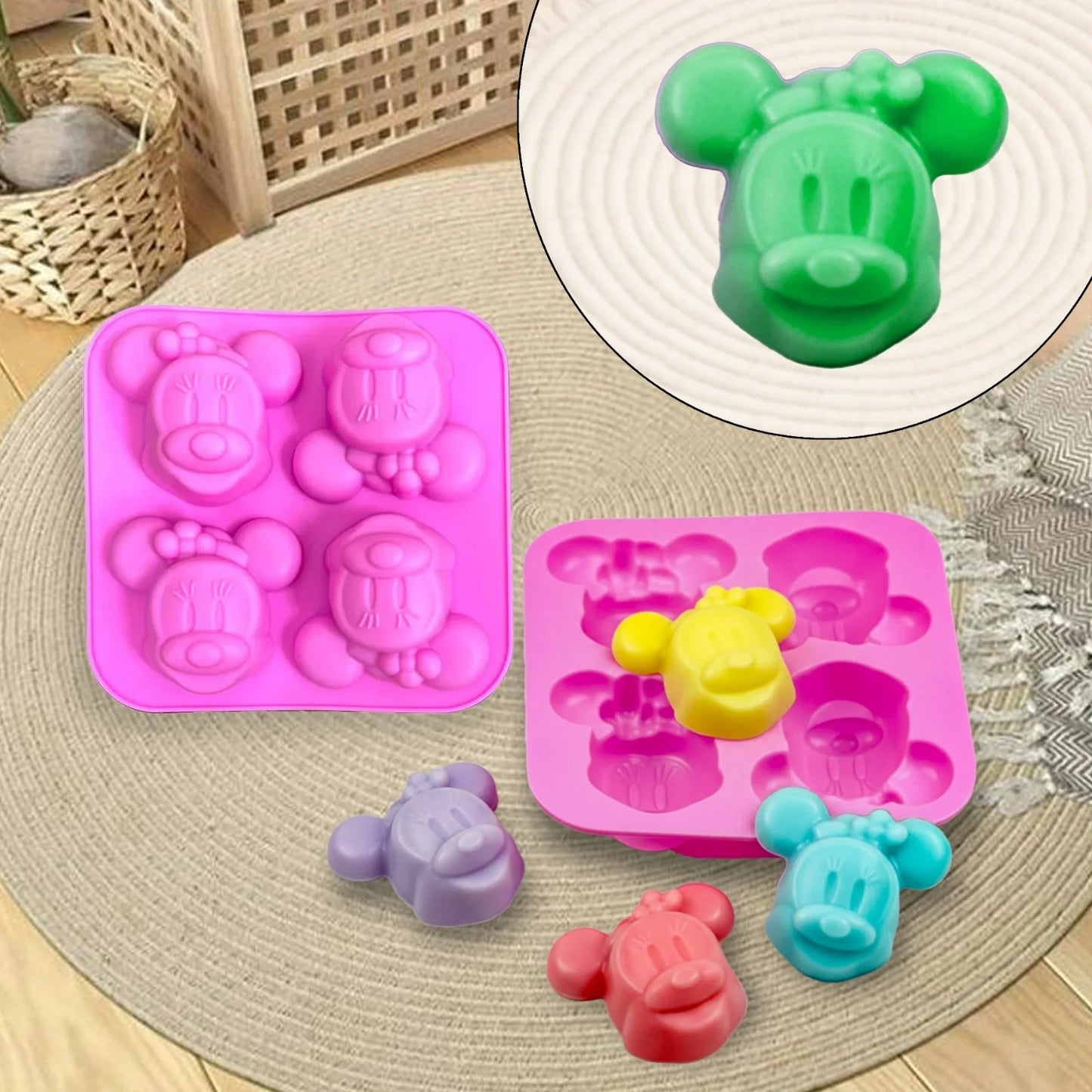 Mickey & Minnie Mouse Face Silicone Mould – 4-Cavity 3D Candle, Soap & Resin Mould