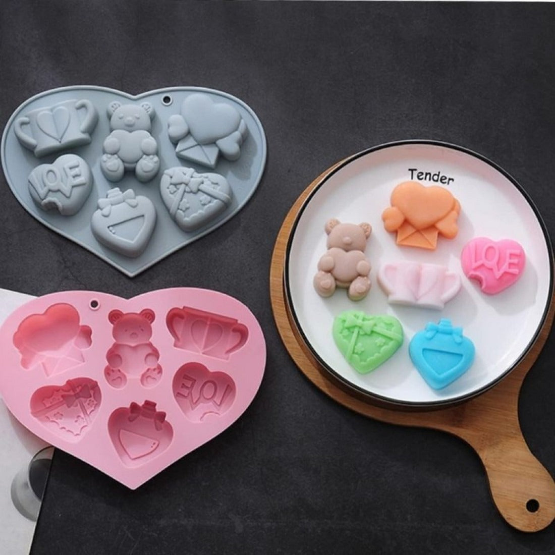 Heart Love Teddy Bear Silicone Mould – 6-Cavity Valentine Candle, Soap & Resin Mould