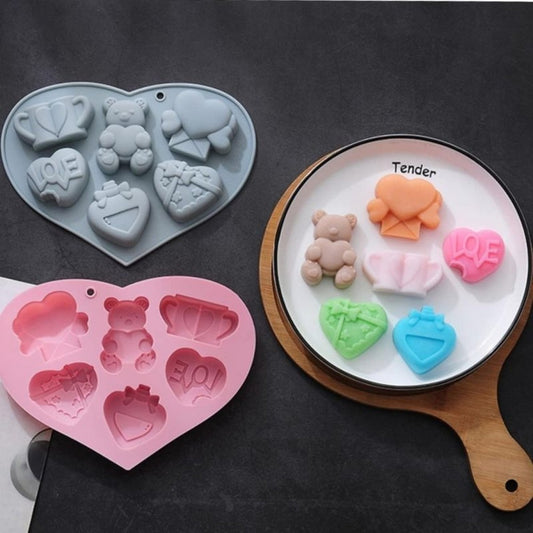 Heart Love Teddy Bear Silicone Mould – 6-Cavity Valentine Candle, Soap & Resin Mould