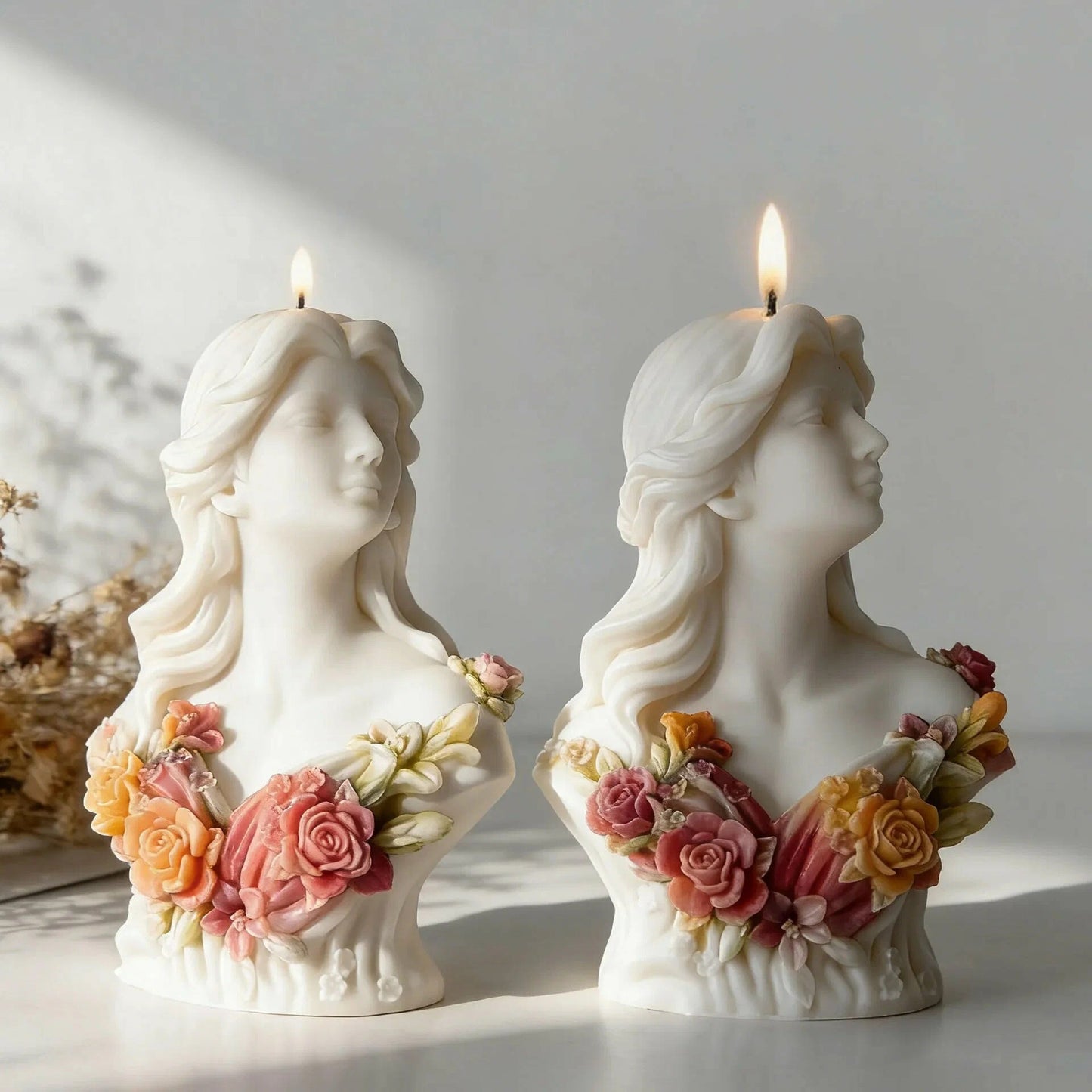 Floral Goddess Bust Silicone Candle Mould — finished candle | Bloom Creations India