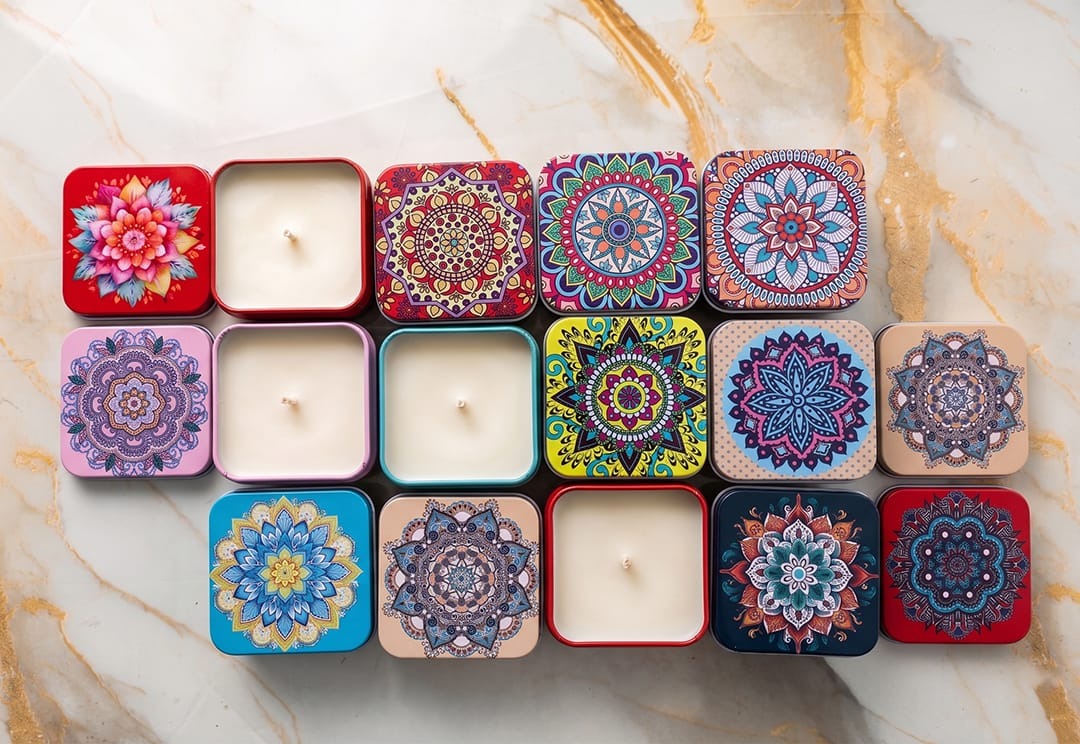 Square Mandala Candle Tin Set of 12