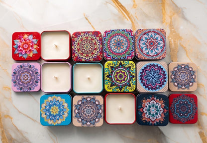 Square Mandala Candle Tin Set of 12