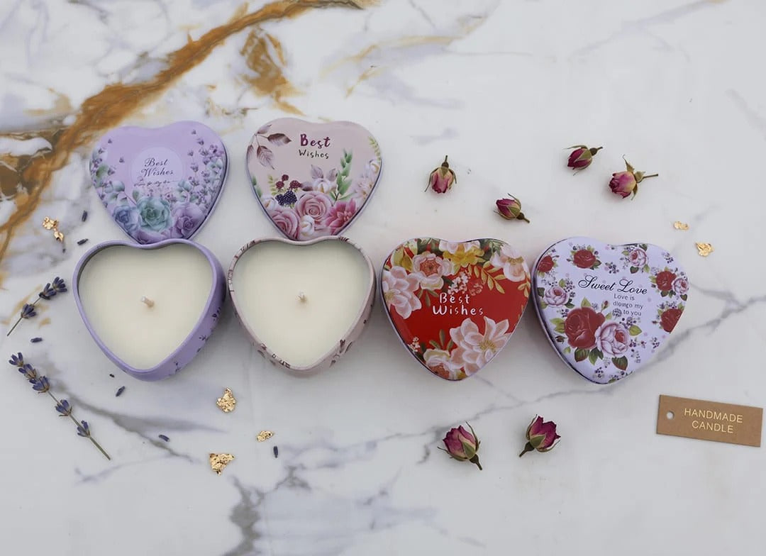 Best Wishes & Sweet Love Floral Heart Candle Tin Set of 12