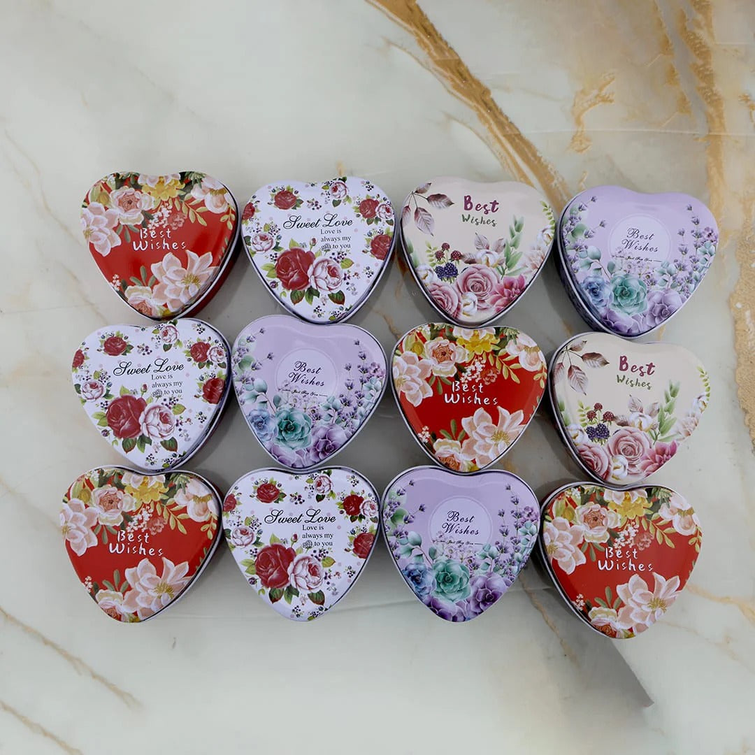 Best Wishes & Sweet Love Floral Heart Candle Tin Set of 12