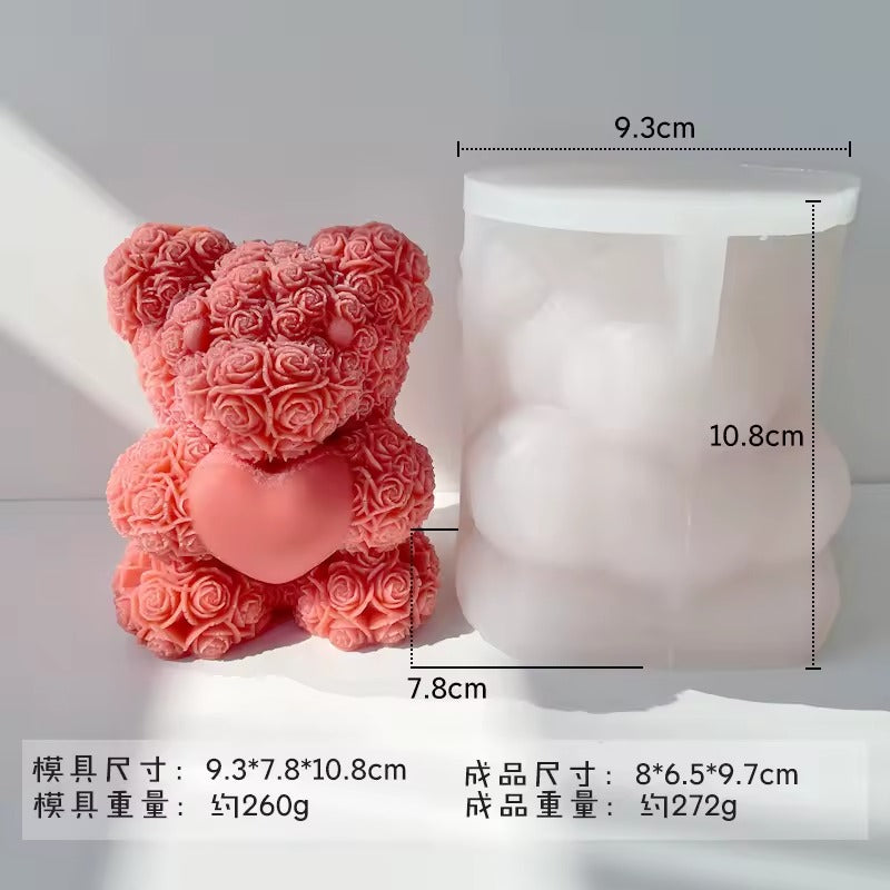 Large 3D Rose Bear & Love Heart Silicone Mould — Premium Valentine Candle Cast