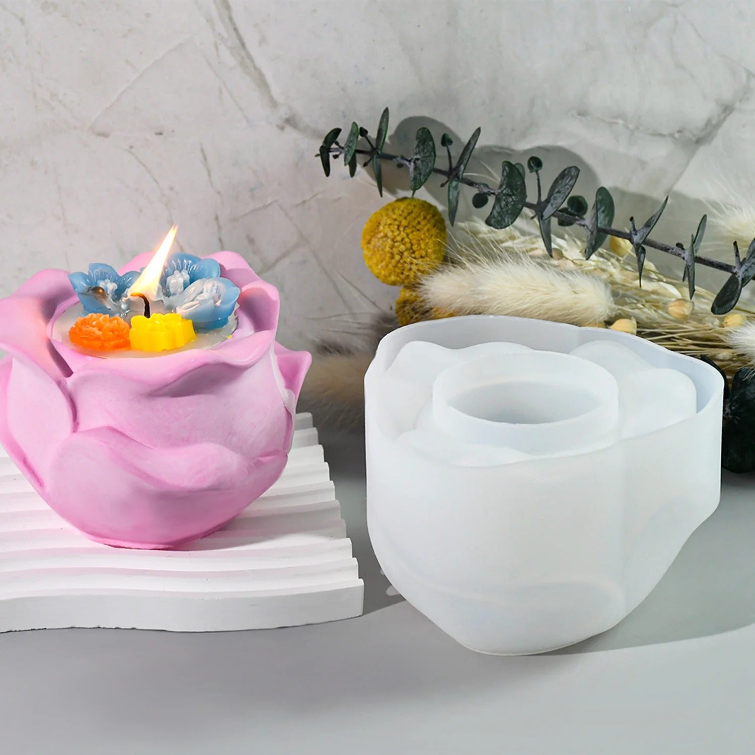 Rose silicone candle holder mold — close-up detail