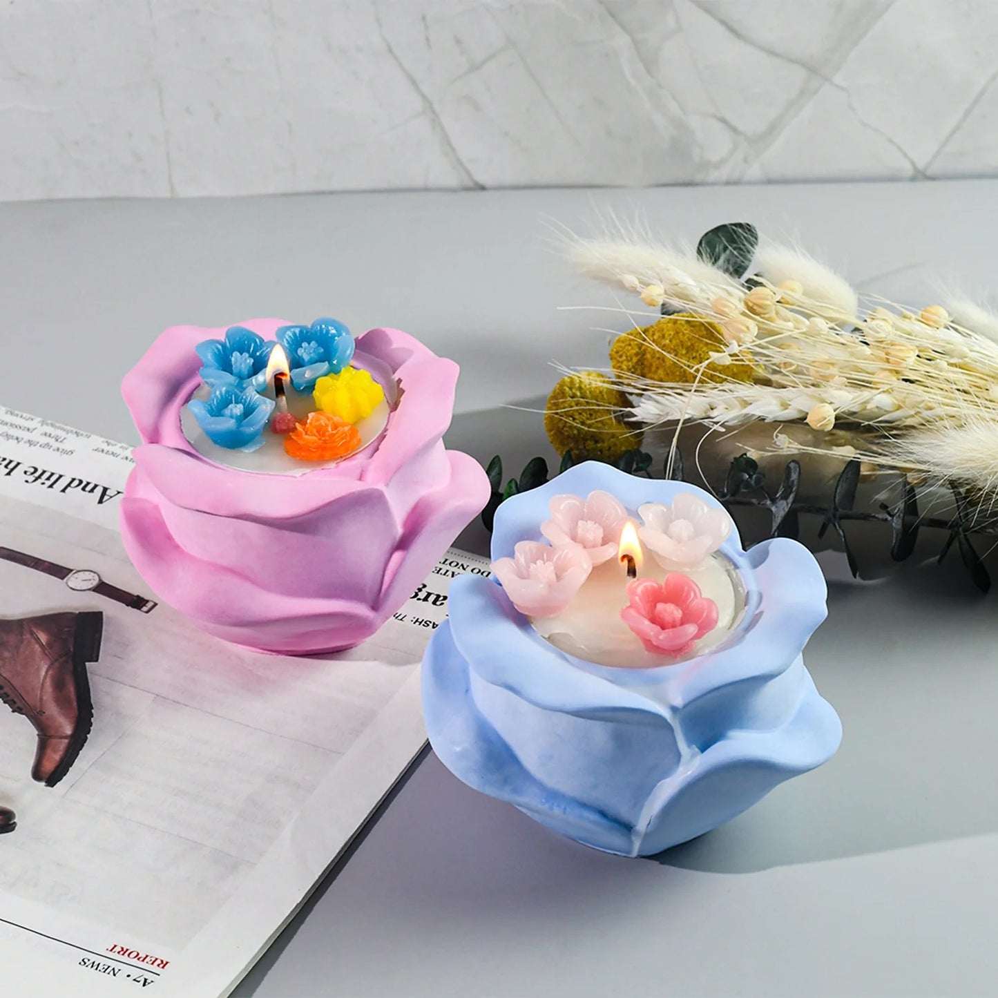 Rose silicone candle holder mold — finished candle vessel example