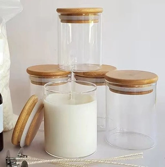 Empty Clear Borosil Glass Jar with Wooden Lid for Candles (220ML- 270ML)
