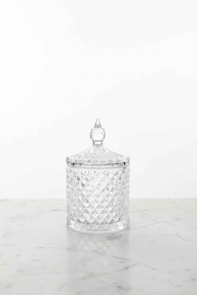 Small diamond-cut candy glass jar for candle making and gifting