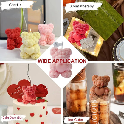 Rose Teddy Bear Silicone Candle Mould — 3D Flower Heart Bear Wax & Soap Cast (7.1cm)