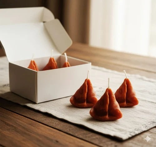 Four orange samosa candles with white wicks on a white plate with green chillies