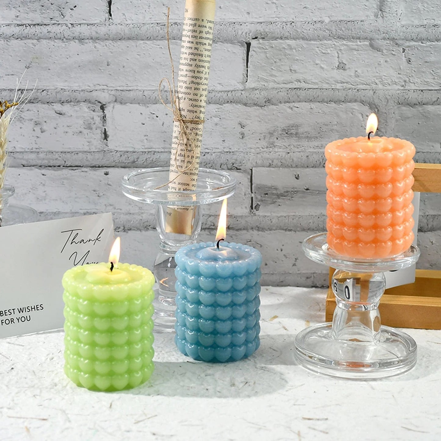 Bloom Creations Textured Pillar Candle, Decorative Green Candle for Home Decor, Birthday, Anniversary, Festive Celebrations - Aroma Candle