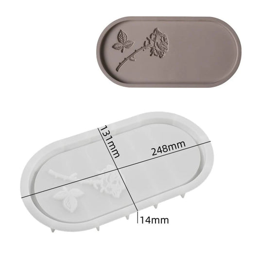 Oval Rose Tray Silicone Mould 248x131x14mm – showing mould and finished tray with embossed rose stem design