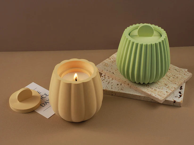 Ribbed lidded candle jar silicone mould set with dimensions 97mm x 86mm jar and 67mm x 32mm lid