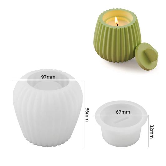 Ribbed candle jar mould showing finished candles in cream and green with matching lids