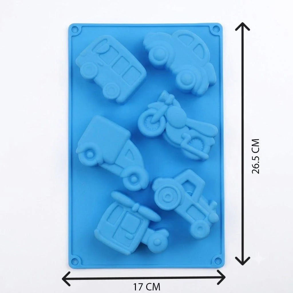 Blue 6-cavity vintage vehicles silicone mould with dimensions 17cm x 26.5cm