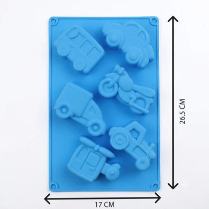 Blue 6-cavity vintage vehicles silicone mould with dimensions 17cm x 26.5cm