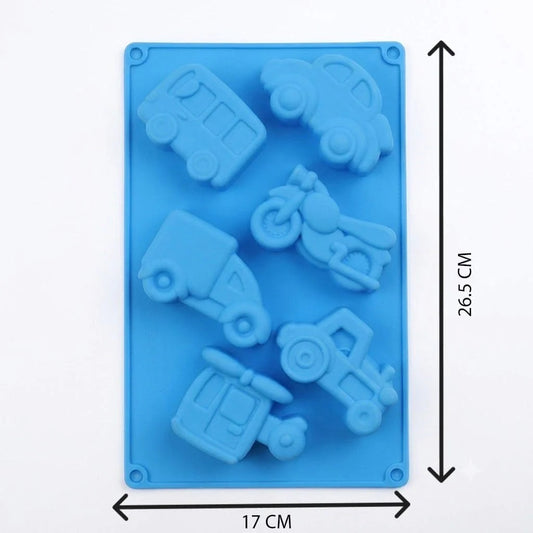 Blue 6-cavity vintage vehicles silicone mould with dimensions 17cm x 26.5cm