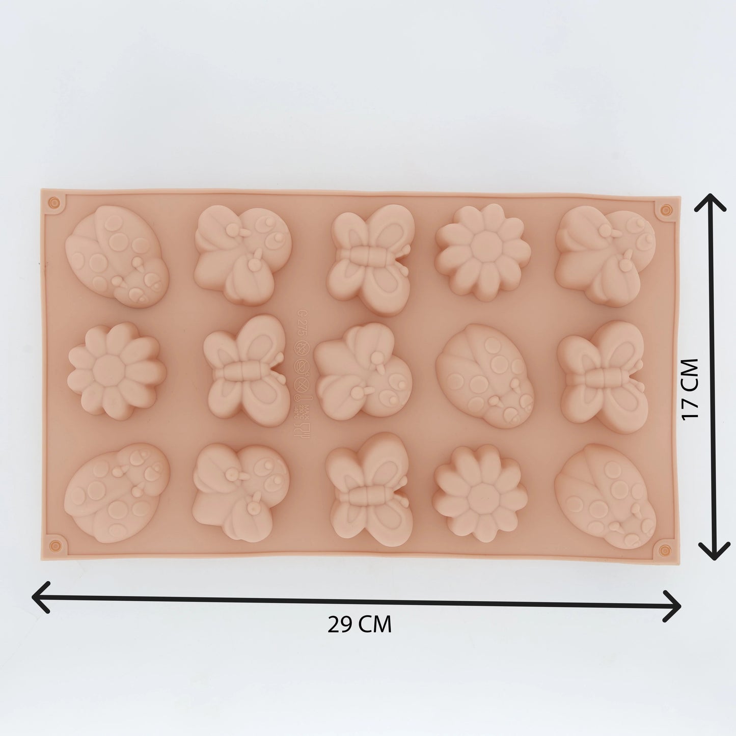 Beige 15-cavity garden bugs and butterflies silicone mould with dimensions 29cm x 17cm