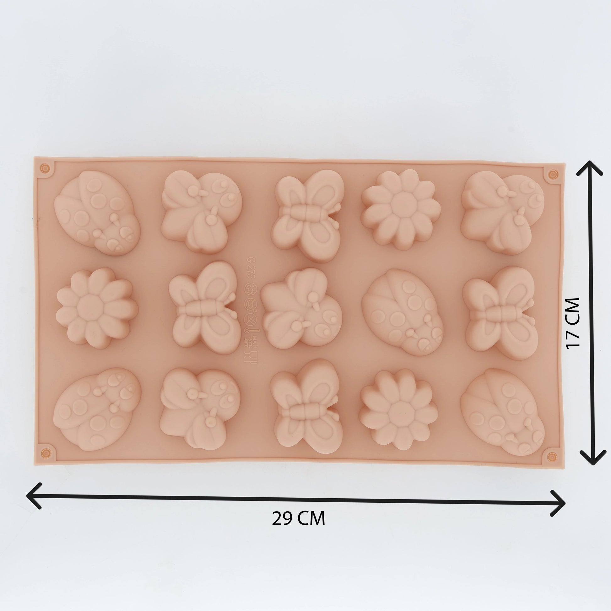 Beige 15-cavity garden bugs and butterflies silicone mould with dimensions 29cm x 17cm