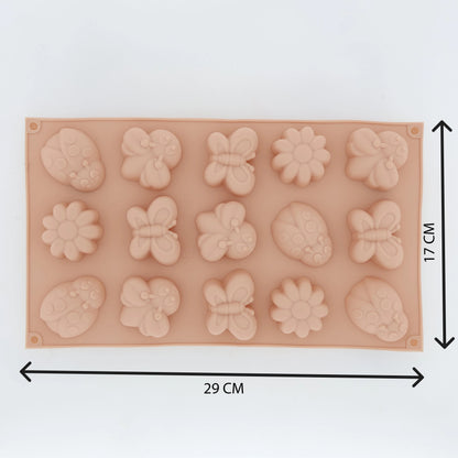 Beige 15-cavity garden bugs and butterflies silicone mould with dimensions 29cm x 17cm