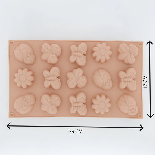 Beige 15-cavity garden bugs and butterflies silicone mould with dimensions 29cm x 17cm