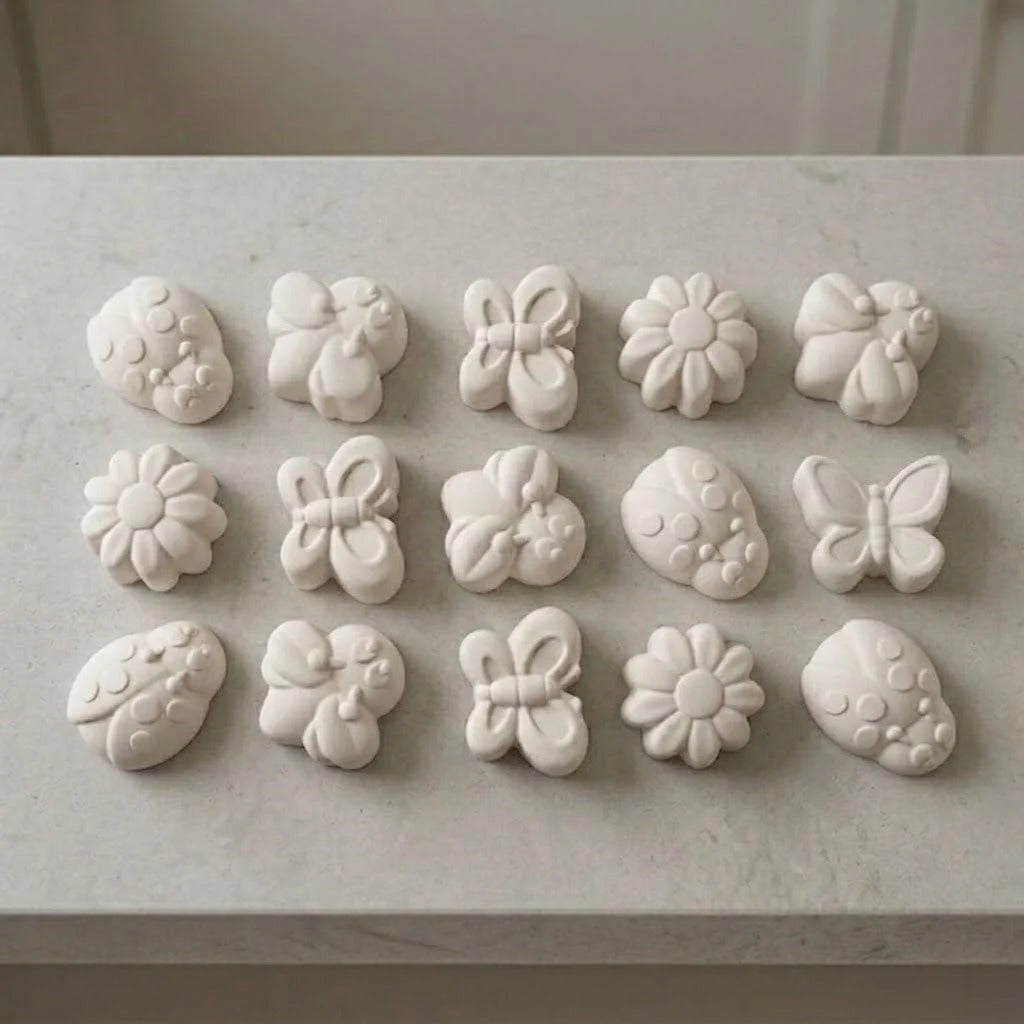 White wax melts cast from garden mould showing 15 butterfly, ladybird and daisy flower shapes
