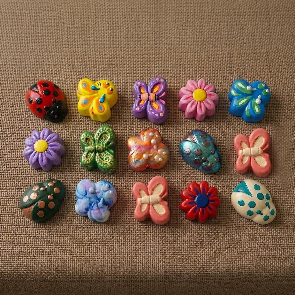 Colourful painted resin pieces cast from garden bugs and butterflies mould showing butterfly, ladybird and daisy designs